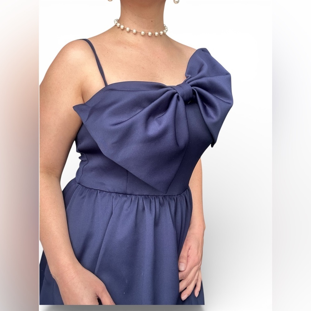 Navy long Dress with Statement asymmetrical Bow - Size Small - Picture 4 of 11